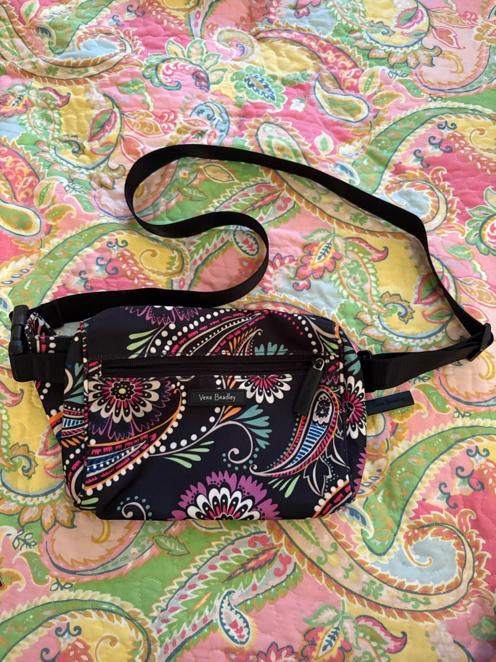 Vera Bradley Black Paisley Floral Crossbody Bag with Pink, Purple & Teal Accents